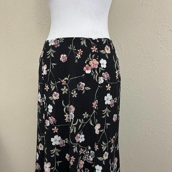 black floral vintage 90s midi skirt with asymmetric hem - Picture 2 of 7